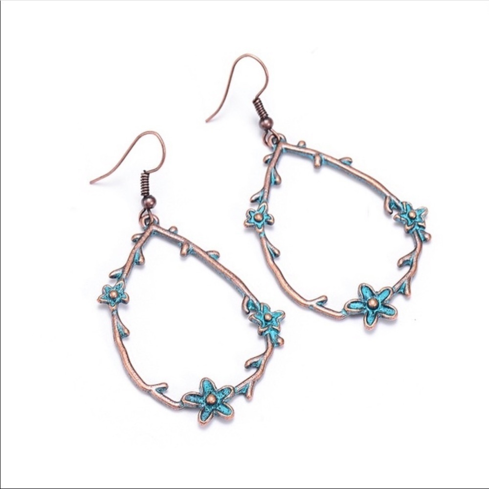 Bohemian copper and patina floral dangle earrings